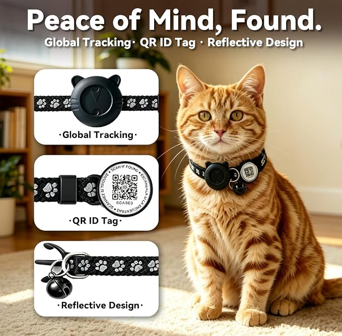 Smart GPS Cat Tracker Collar with QR Code - Waterproof Pet Locator for Small to Large Cats - Compatible with Apple Find My - No Monthly Fees - Advanced Tracking Solution