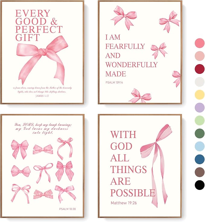 LARTSFRO Coquette Pink Bow Christian Wall Art Decor Posters, Pink Bow Christian Bathroom Room Bedroom Dorm Wall Art Decor Aesthetic for College Teen Girls Gifts,Inspirational Bible Verses Bow Wall Decor, 10x8 Inch Set of 4 Bow Pictures(UNFRAMED)