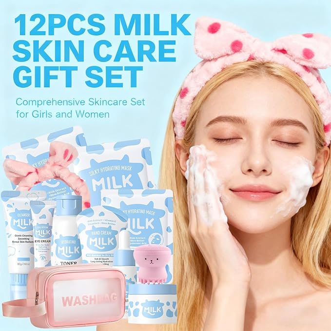12PCS Milk Skin Care Set for Kids & Teens, 12 IN 1 Moisturizing Milk Skincare Set for Kids Girls Ages 8-12, Milk Skin Care Kit for Girls Teens 10-12, Birthday Gifts for Kids, Face Care Kit, Bulk Gifts