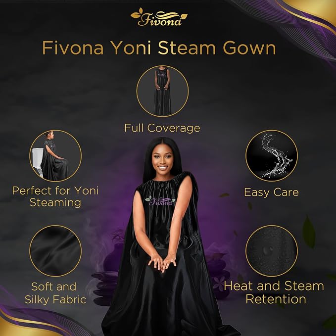 FIVONA 4 in 1 Yoni Steam Kit Black - Foldable Over The Toilet Steamer Seat with Herbal Blend, Storage Bag and Steam Gown - Effective Detox pH Balance Cleansing and Relaxation