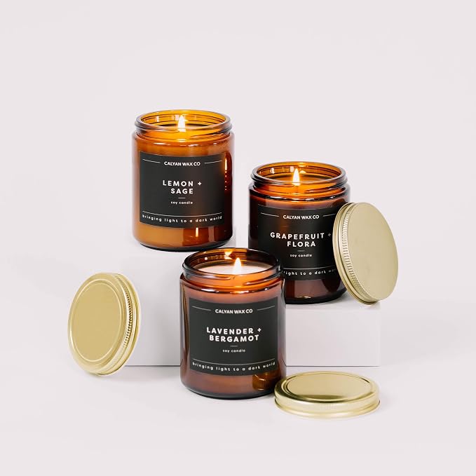 Calyan Wax Co. Lemon & Sage Scented Candle - 57 Hour Burn - Luxury Clean Soy Wax Candles - Long Lasting Amber Glass Jar Candle for Home - 7.2oz