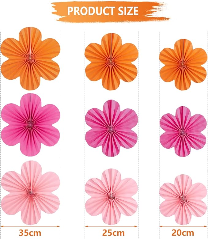 SUNBEAUTY 9 Pcs Hot Pink and Orange Paper Flowers Decorations for Wall, Spring Summer Vibrant Decorations for Wall Rock Party Girl Groovy Birthday Baby Shower Wedding Bachelorette Room Hanging Decor