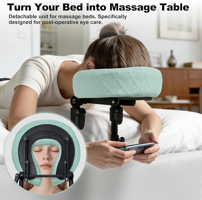 Massage Headrest for Bed with Adjustable Height, Memory Foam Face Cradle, Washable Pillowcase for Home (Green)