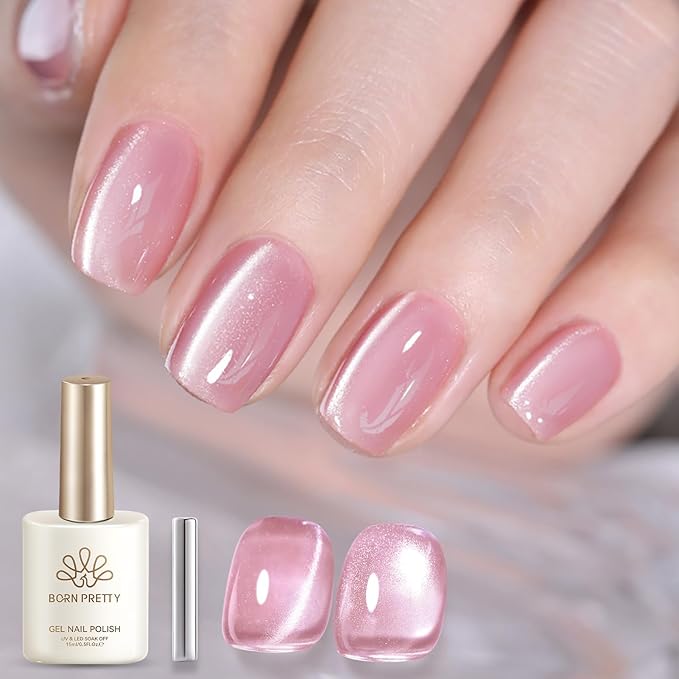 Born Pretty Pink Cat Magnetic Eye Gel Nail Polish 15ML,Jelly Glass Peach Pink Crystal Glitter Shimmer Translucent Magnetic Gel Polish with Magnet,Soak Off U V Gels for Women Girl