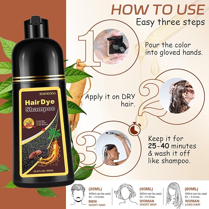 Instant Black Tea Hair Dye Shampoo for 100% Gray Hair Coverage, Natural Herbal Hair Color Shampoo Hair Dye, 3 in 1 Coloring & Care Formula Lasts 3-4 Weeks, Easy & Quick to Use for Women Men, 500ML