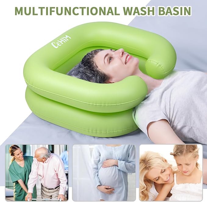Inflatable Shampoo Basin - Portable Shampoo Bowl, Hair Washing Basin for Bedridden, Disabled,Injured, Hair Wash Tub for Dreadlocks and at Home Sink Washing (Green)