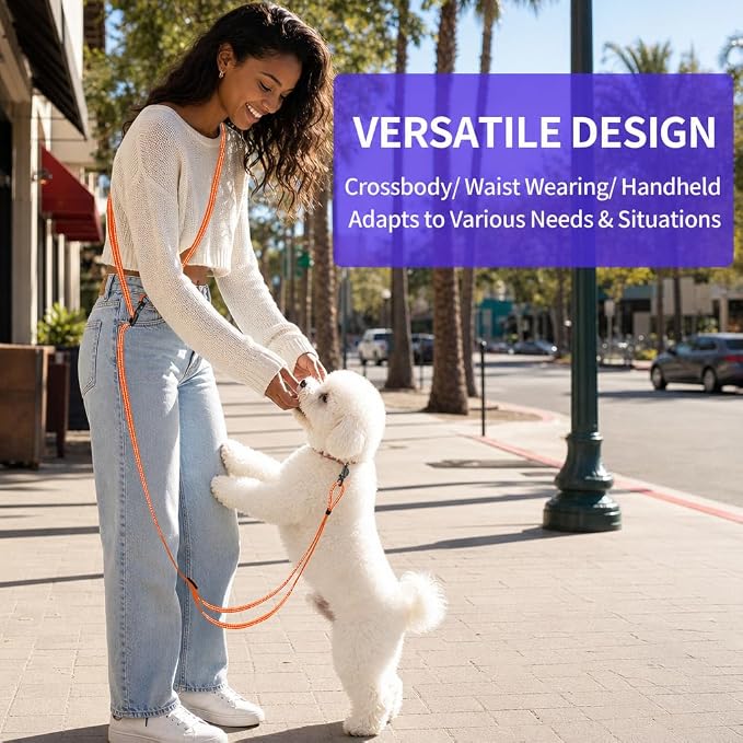 Kazazoo Hands-Free Dog Leash Adjustable Length 5-8 Ft, Waist for Dog Walking, Running for Small &Medium Dogs with Reflective Strips, Ballistic Nylon, Waist Belt, Lightweight Orange M