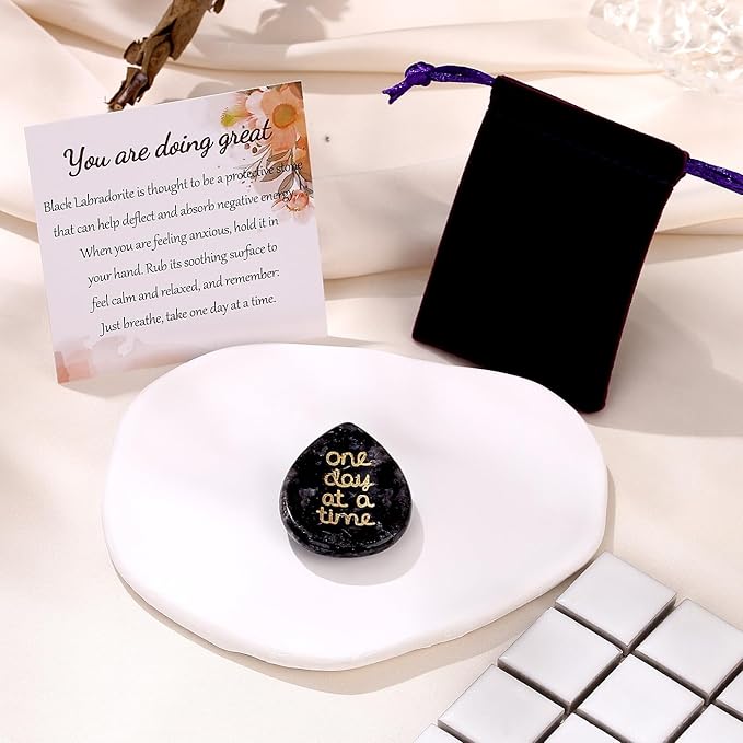 One Day at A Time Black Labradorite Thumb Worry Stone for Anxiety Crystals Hand Thumb Stones Pocket Thinking of You Gifts for women Inspirational Worry Stones for Stress Relief Sobriety Gifts for Her