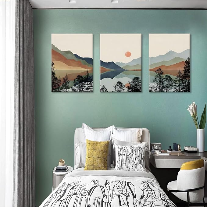 Bwodke Blue Mountain Canvas Wall Art Set of 3, 12x16 inch | Boho Watercolor Wall Decor, Blue Mountain Sun Forest Prints, Living Room Bedroom Office Art