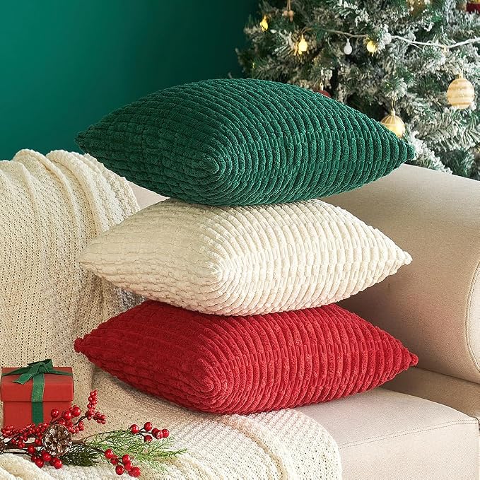MIULEE Euro Sham Corduroy Decorative Throw Pillow Covers 24x24 Red Set of 2 | Soft Boho Striped Pillow Covers Modern Farmhouse Home Decor For Sofa Living Room Couch Bed
