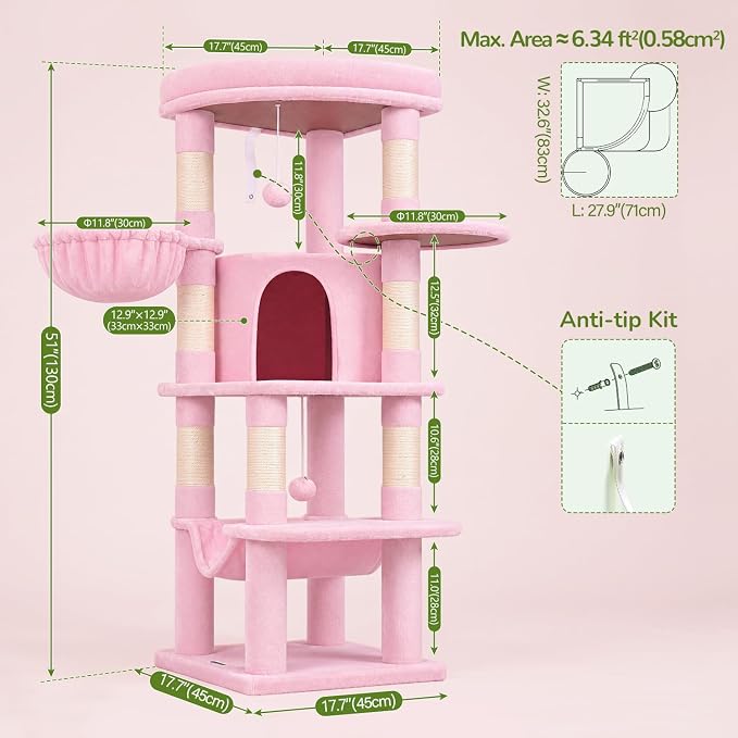 Globlazer Pink Corner Cat Tree Tower with Scratching Post, C51, Pink | 51in Space-Saving Multi-Level Cute Cat Condo for Indoor Cats with Hammock, Large Top Perch for Large Cats, Cozy Cat Cave