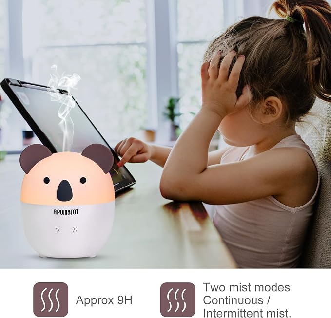 Small Essential Oil Diffuser,160ml Cute Koala Cartoon Aromatherapy Diffusers with Auto Shut-Off Function,Cool Mist Humidifier with Warm White Lights for Home Office Bedroom