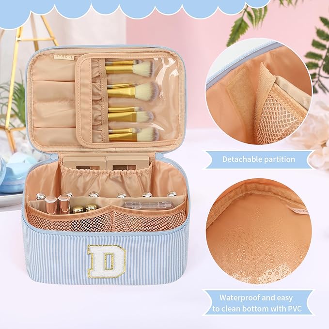 OCHEAL Makeup Bag Valentines Day Gifts for Women, Monogram Cosmetic Bag Blue Travel Makeup Case Beauty Toiletry Bag Organizer Personalized Gifts for Girls Bridesmaid, Sister, Wife, Friends Initial D
