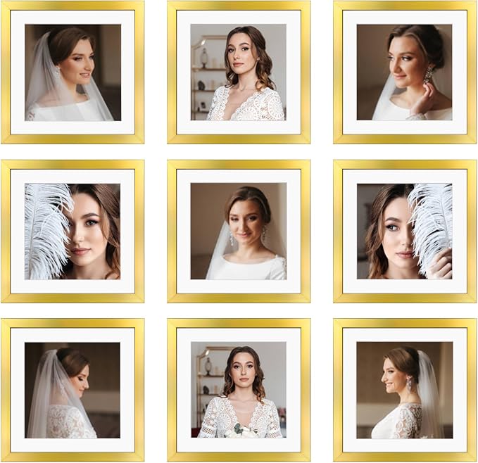 10x10 Picture Frame Set of 9, Display Pictures 8x8 with Mat or 10x10 without Mat, Multi Collage Gallery Square Photo Frames for Wall or Tabletop, Gold