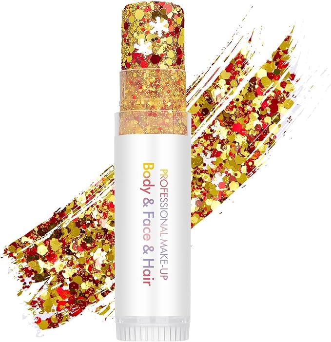 Hair Glitter Stick, Perfect Sparkling Theme Day Neon Outfit Singer Concert Music Rave Festival Party Christmas Accessories Face and Body Glitter Makeup. (Gold &White& Red)