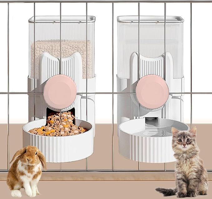 kathson Rabbit Feeder for Cage,Bunny Water Bottle,Pet Food Dispenser,Pink | Gravity Automatic Guinea Pig Feeder Waterer Set,Hanging Small Pet Food Bowl Feeding Station for Ferret Chinchilla Cat Puppy