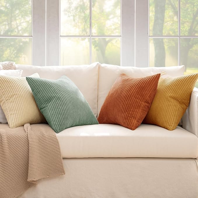 MIULEE Soft Corduroy Decorative Throw Pillow Covers Orange Teal 18x18 | Set of 4, Mordern Rustic Home Decor, Retro Vintage Set, Boho Farmhouse Cushion Covers for Couch Bed Sofa Living Room