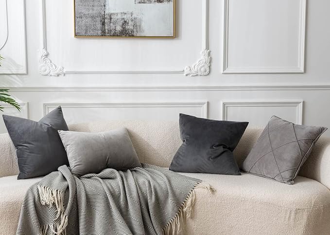 12x20 Lumbar Throw Pillow Covers Set of 2 for Couch Bed Sofa,Dark Gray | Decorative Soft Velvet Cushion Covers with Invisible Zipper for Living Room Bedroom Home Decor