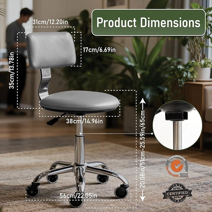 Rolling Stool Chair with Wheels, Height Adjustable Stool with Back Support, Heavy Duty Rolling Shop Chair with PU Leather Seat Cushion for Salon Spa Massage Kitchen Vanity Garage Tattoo Dentist(Grey)
