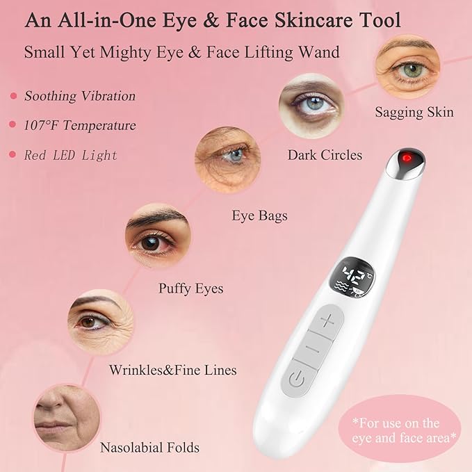 Eye Lift Wand, 3 in 1 Vibrating Red Light 98°F to 113°F LCD Display Eye Massager for Dry Eyes, Dark Circles and Puffiness, Electrical Face, Neck Sculpting Pen for Fine Lines and Wrinkles