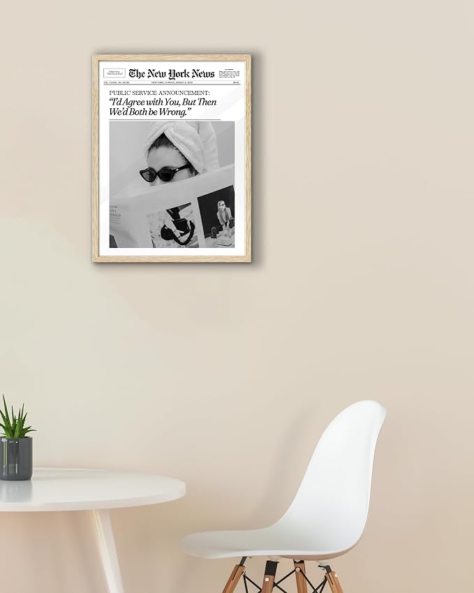 EcoHest 12x16 in Cool Girl Newspaper Framed Wall Art for Bedroom | Natural Oak Wood Frame, Canvas Wall Art, Girly Fashion Magazine Decor for Bedroom, Apartment, Dorm Room, College Room, 1Pack