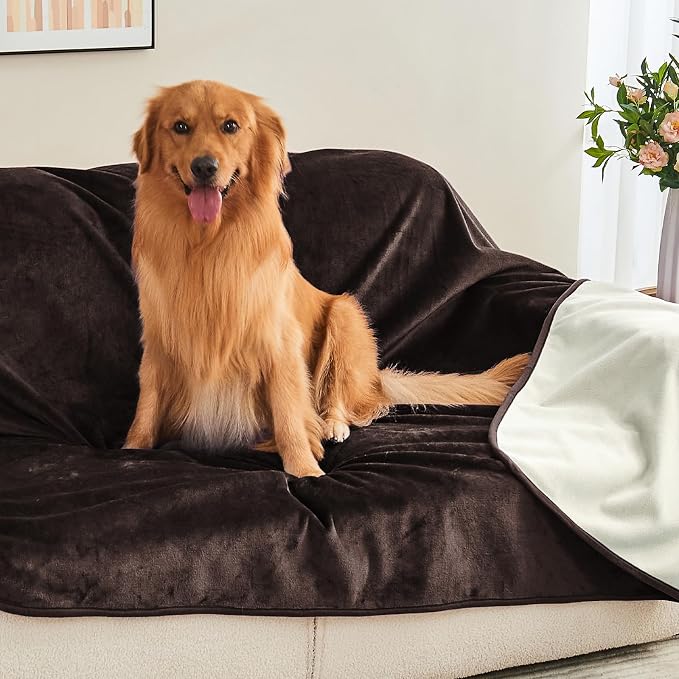 Waterproof Blanket 80"x90" for Adults, Reversible Waterproof Bed Cover for Dogs Cats Pets, Soft Leakproof Blanket for Bed Couch Sofa Furniture Protector, Brown/Off White