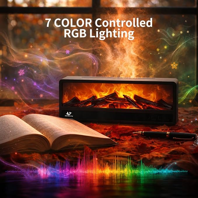 Fireplace Aroma Diffuser for Bedroom Nightstand, Essential Oil Diffuser with Realistic Flame Effect, Remote Control, Timer Auto-Off, 7 Color LED Ultrasonic Aromatherapy Diffuser for Home Office Decor