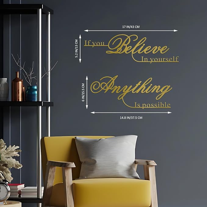 Resama If You Believe in Yourself,Anything is Possible Wall Art Decor 2 Pcs Metal Inspiration Encouragement Wall Art Sayings Black Inspirational Quotes Hanging Decoration(Gold)