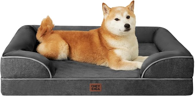 EHEYCIGA Orthopedic Dog Beds Large Sized Dog, Waterproof Washable Pet Bed | Non-Slip Bottom and Egg-Crate Memory Foam XL Dog Couch Bed with Washable Removable Cover, Dark Grey