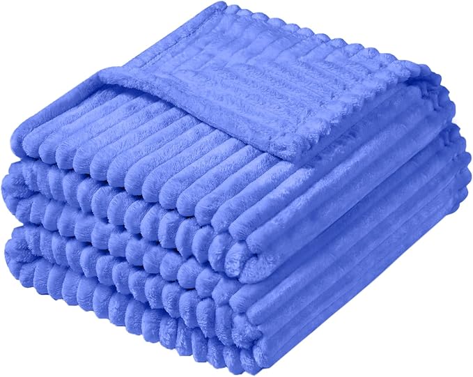 Vessia Flannel Fleece Throw Blanket for Couch,Sofa,Bed, 300GSM Striped Blue Blanket for Adults and Kids, Super Soft Warm Cozy Lightweight Ribbed Throw for All-Season