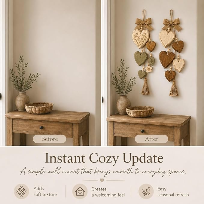 Rustic Solid Wood Heart Wall Hanging, Farmhouse Burlap Bow Decor with Distressed Wooden Hearts & Pendants, Romantic Art for Bedroom & Home Room, Vintage Charm Art Decor Signs(Natural Cream)