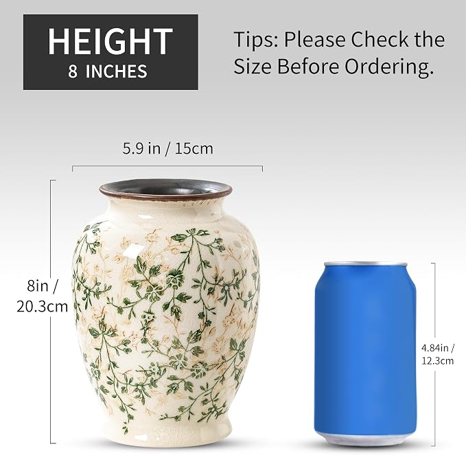 Ceramic Flower Vase for Home Decor, Vintage Green Decorative Vase 8 Inch | Rustic Farmhouse Floral Vase for Wedding Centerpiece, Living Room, Kitchen, Coffee Table, Mantel, Bookshelf, Entryway