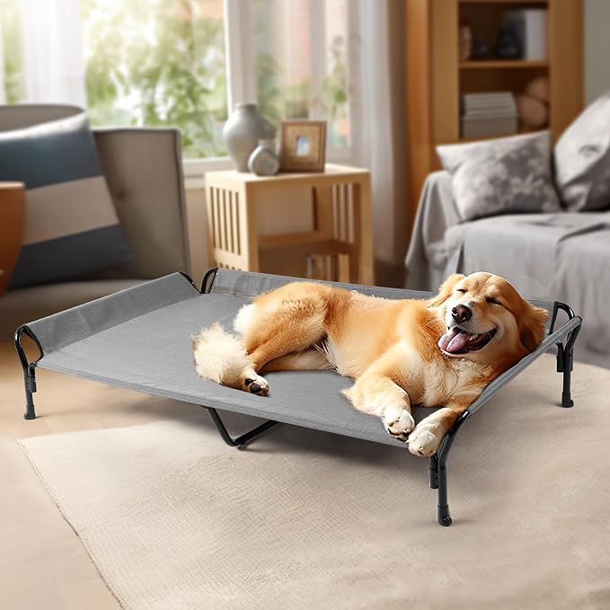 Veehoo Cooling Elevated Dog Bed, Raised Dog Cot with Guardrail & Headrest | Washable Dog Couch Bed for Indoor & Outdoor, Durable Breathable Teslin Mesh, Non-Slip Feet, XX Large, 63" x 37", Grey