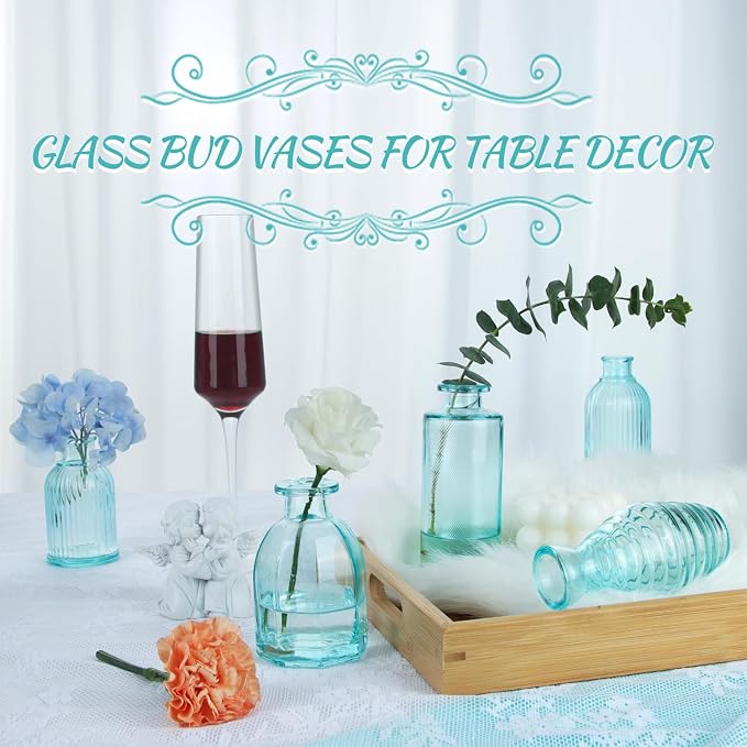 Bud Vases Set of 12 Blue Glass Vase for Decor | Small Vintage Flower Vase Ribbed Glass Bud Vases in Bulk Wedding Bridal Shower Party Centerpieces Home Room Table Decorations