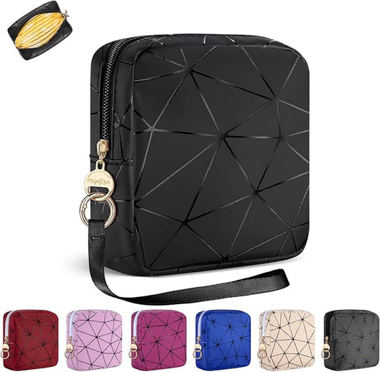 Period Bag for Teen Girls, PU Leather Sanitary Napkin Storage Bag, Menstrual Pad Bag Period Pouches Tampon Holder for Purse (Black)