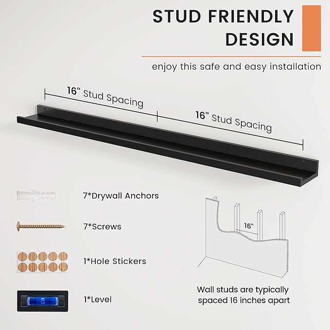 Picture Ledge Shelf, Floating Shelves for Wall, 48" W Set of 2, Black | FSC Certified Engineered Wood, Wall Mounted Bookshelf, for Nursery Living Room Bedroom, Pre-Drilled, Easy Install