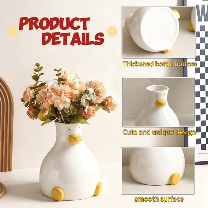 Ceramic DuckVase White Modern Flower Vase with Unique DuckDesign Aesthetic Table Decor Funky Trendy Art Planter Holder for Flowers, Home Office Shelf Decoration