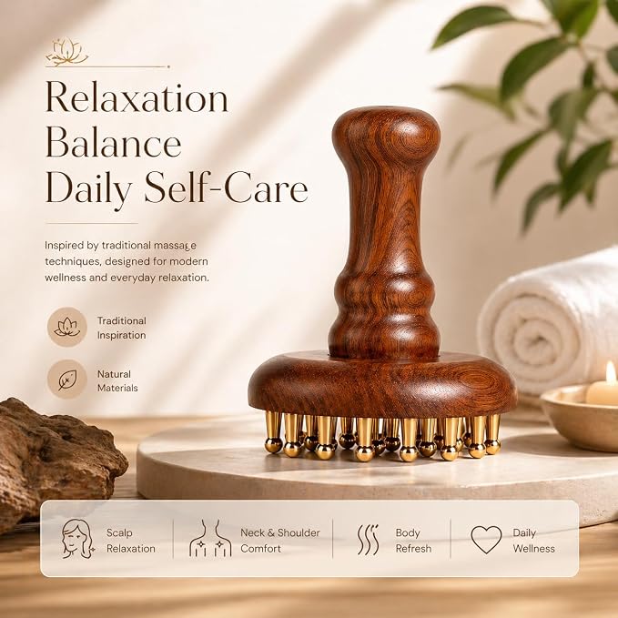 Copper Gua Sha Meridian Massage Brush with 29 Copper Ball Scalp & Body Massage Tool with Sandalwood Handle, Acupressure Massage Brush for Head, Neck, Shoulder & Body Relaxation