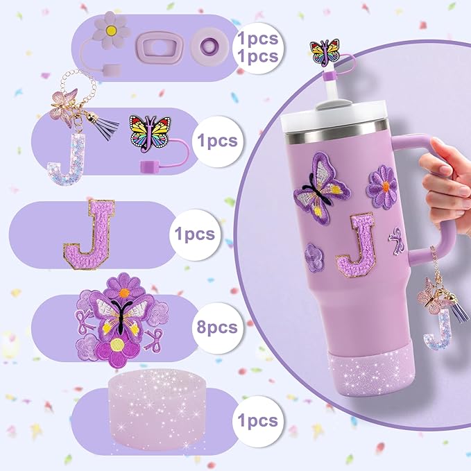 15PCS Cup Accessories Set for Stanley Cup 30oz 40oz Tumbler with Handle, Including Silicone Straw Cover and Boot, Spill Proof Stopper, Stanley Charms, Handle Charm, Initials Sticker