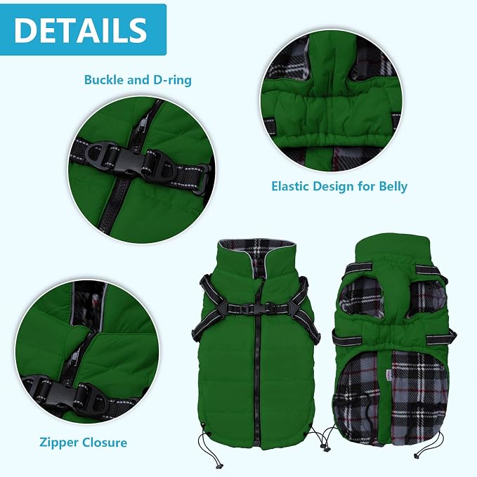 Geyecete Winter Warm Coat Waterproof Dog Jacket with Harness Traction Belt,Pet Outdoor Jacket for Small Dogs - Green