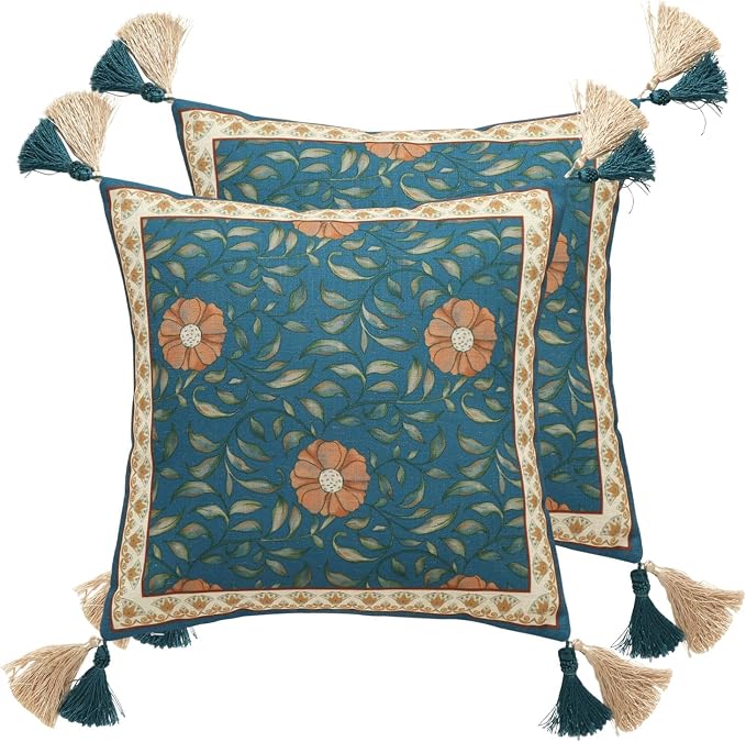 patdrea French Vintage Linen Throw Pillow Cover,18"x18",Set of 2-Wensel A | Decorative Pillow Case,Teal Floral Pattern,Pillow Cover for Couch Living Room Bedroom Sofa,Fringe Trim