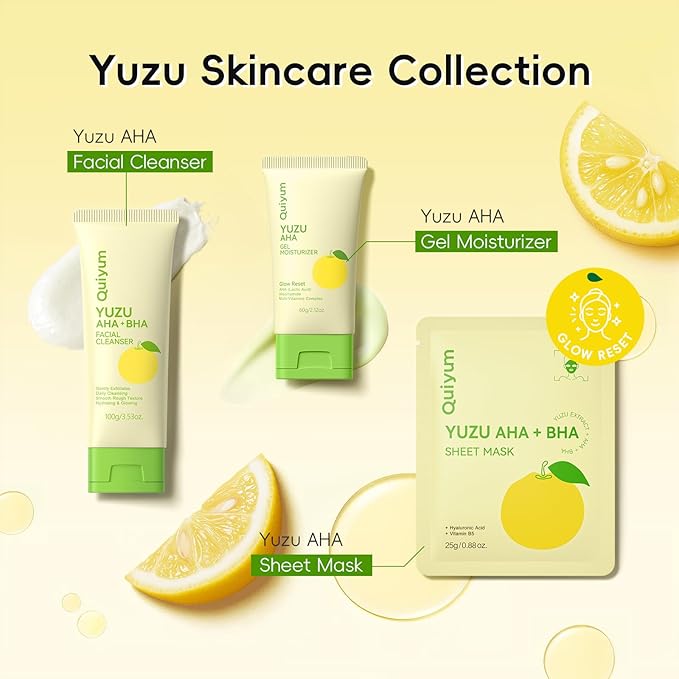 Yuzu AHA BHA Skincare Set for Teens & Young Women - 3.53oz Foaming Cleanser + 5 PCS Exfoliating Sheet Masks + 2.12oz Hydrating Gel Moisturizer | Gentle Exfoliation, Oil Control & Glowing Skin