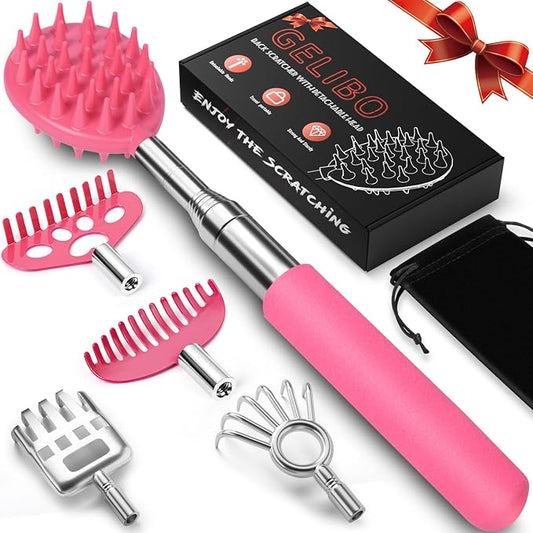 Gelibo Telescoping Back Scratcher with 5Pcs Detachable Heads, Extendable Back Massager Tool, Fathers Day Dad Gifts from Wife Daughter Son, Mens Gifts, Husband, with Beautiful Box - Pink