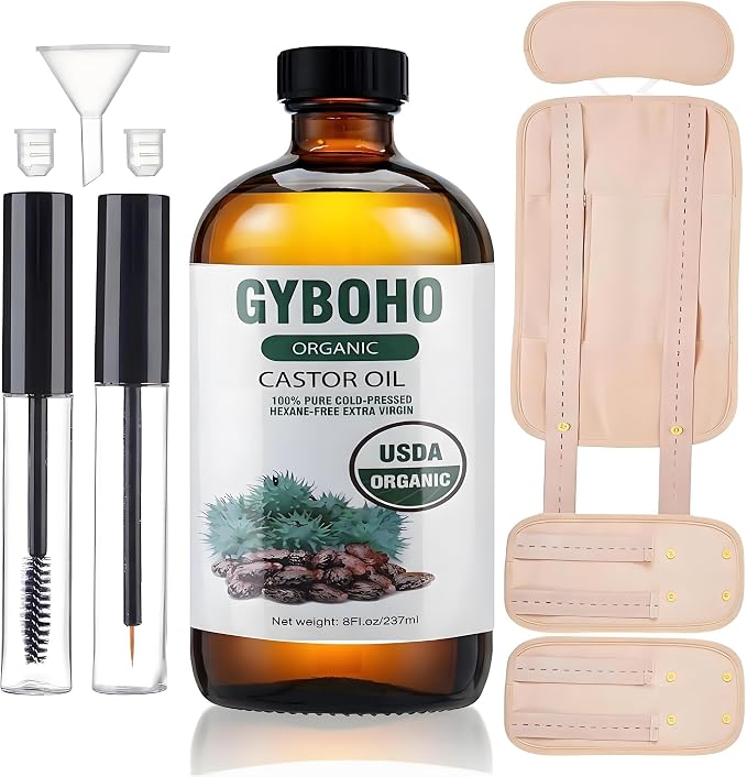 8oz Castor Oil Organic and 4pcs Reusable Castor Oil Pack Wrap Organic Cotton,for Stomach-Neck-Abdomen -Knee-Arm-Liver Detox,with Eyebrow and Eyelash Care Tool Set