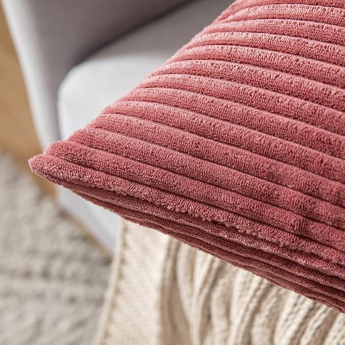 MIULEE Soft Corduroy Throw Pillow Covers Set of 2 18x18 Cranberry Red | Decorative Striped Textured Cushion Cases, Boho Energetic Vibe Pillowcases, Home Decor for Couch Chair Sofa Bed Living Room