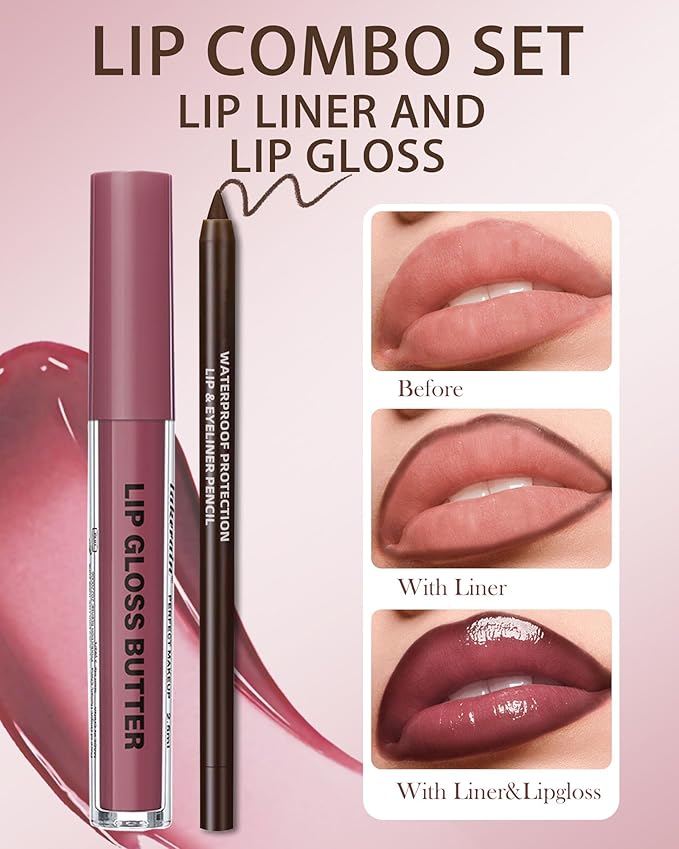 3Pcs Hydrating Lip Gloss with Brown Lip Liner Combo Set,Plumping Lip Liner Moisturizing Nude Tinted Lips Glow Oil,Lightweight Non Sticky Liquid Lipstick Women Lipstain Makeup Long Lasting Lipgloss-12