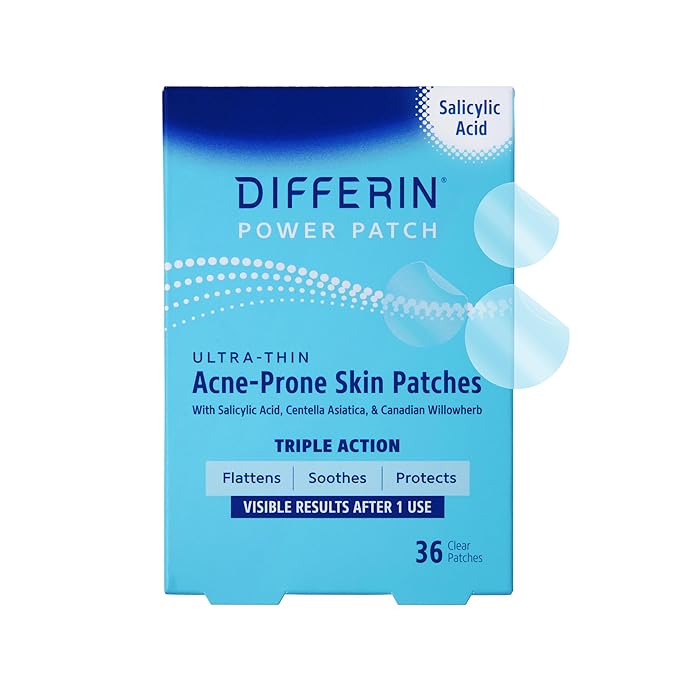 Differin Acne Patches,Pimple Patches for Acne Prone Skin,Formulated with Salicylic Acid and Centella,Fast Triple Action Power Patch for Day & Night,Dermatologist Tested,36 Count (Pack of 12)