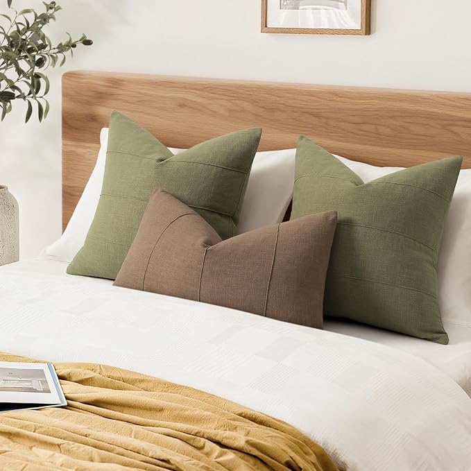 Decorative Linen Throw Pillow Covers 24x24 Set of 2 Solid handcrafted Striped Cushion Covers for Bed Soft Modern Farmhouse Neutral Pillowcase for Couch Bedroom Living Room Home Decor(Olive Green)
