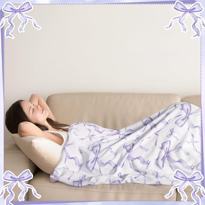 Purple Bow Throw Blanket 50"x60" Soft Flannel for Girls Women | Coquette Aesthetic Decor with Ruffled Edges, Ultra Plush Bed Sofa Blanket, Preppy Gift for Teens, Back to School Dorm Room