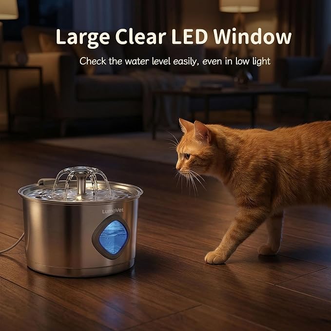 Cat Water Fountain Stainless Steel, 2.8L Quiet Dog Water Fountain | Automatic Quiet Pet Drinking Fountain, Water Level Window, 2 Filters & 2 Sponges - Gift for Small Animals like Dog & Kitty